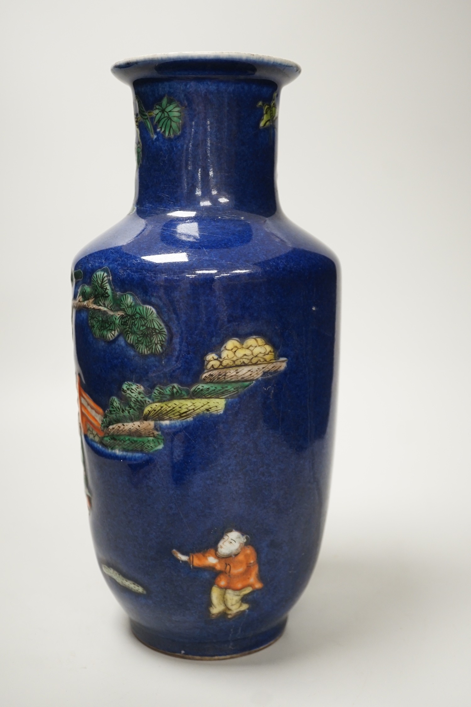 A Chinese powder blue glaze famille verte vase, 31cm